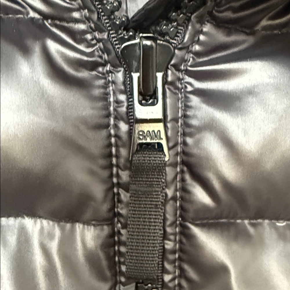 SAM. Black Shiny Blake Down Puffer Racoon Tan Fur Hood Thumb Hole Cuff XS - Picture 14 of 16